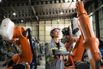 After installing a program on the robotic arm, a female engineer with a robotic arm